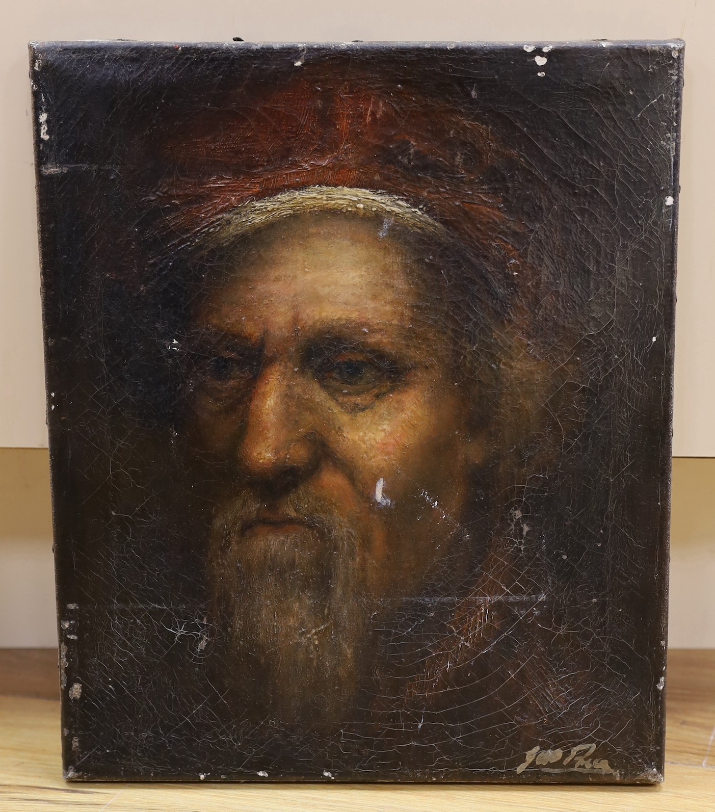 After Rembrandt, 19th century, oil on canvas, portrait of a gentleman, signed indistinctly, unframed, 33 x 28cm